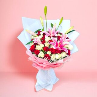 Pink-Lily-with-White-and-Red-Rose-Bouquet