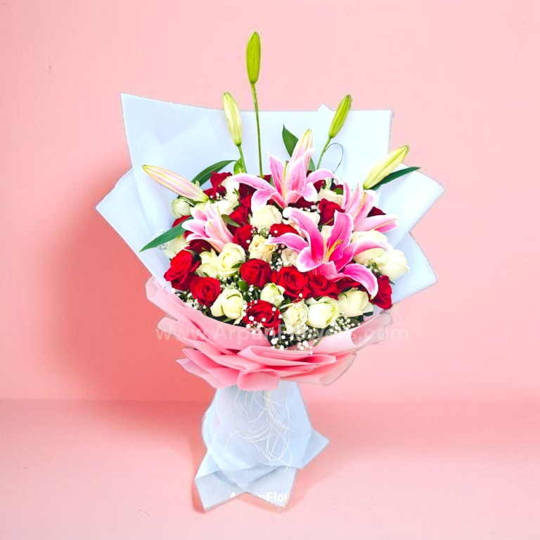 Pink Lily with White and Red Rose Bouquet 1 Pink-Lily-with-White-and-Red-Rose-Bouquet