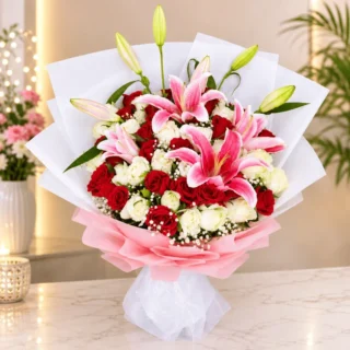 Pink Lily with White and Red Rose Bouquet