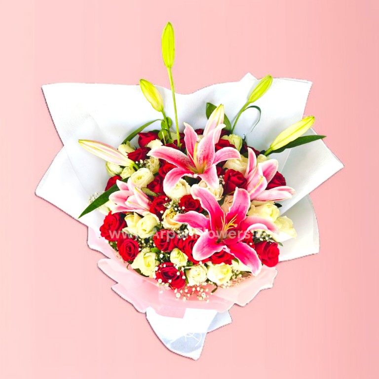 Pink Lily with White and Red Rose Bouquet 2 Pink-Lily-with-White-and-Red-Rose-Bouquet