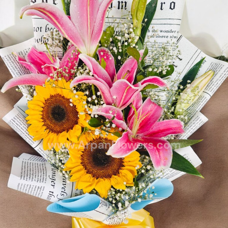 SunFlower With Pink Lily Bouquet 2 SunFlower With Pink Lily Bouquet