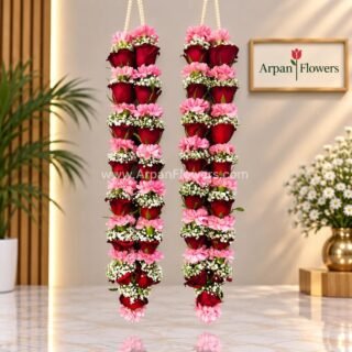 Pink Carnation and Red Rose with Baby's Breath Varmala