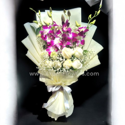 Purple Orchid with White Rose bouquet 1 orchid and white rose bouquet