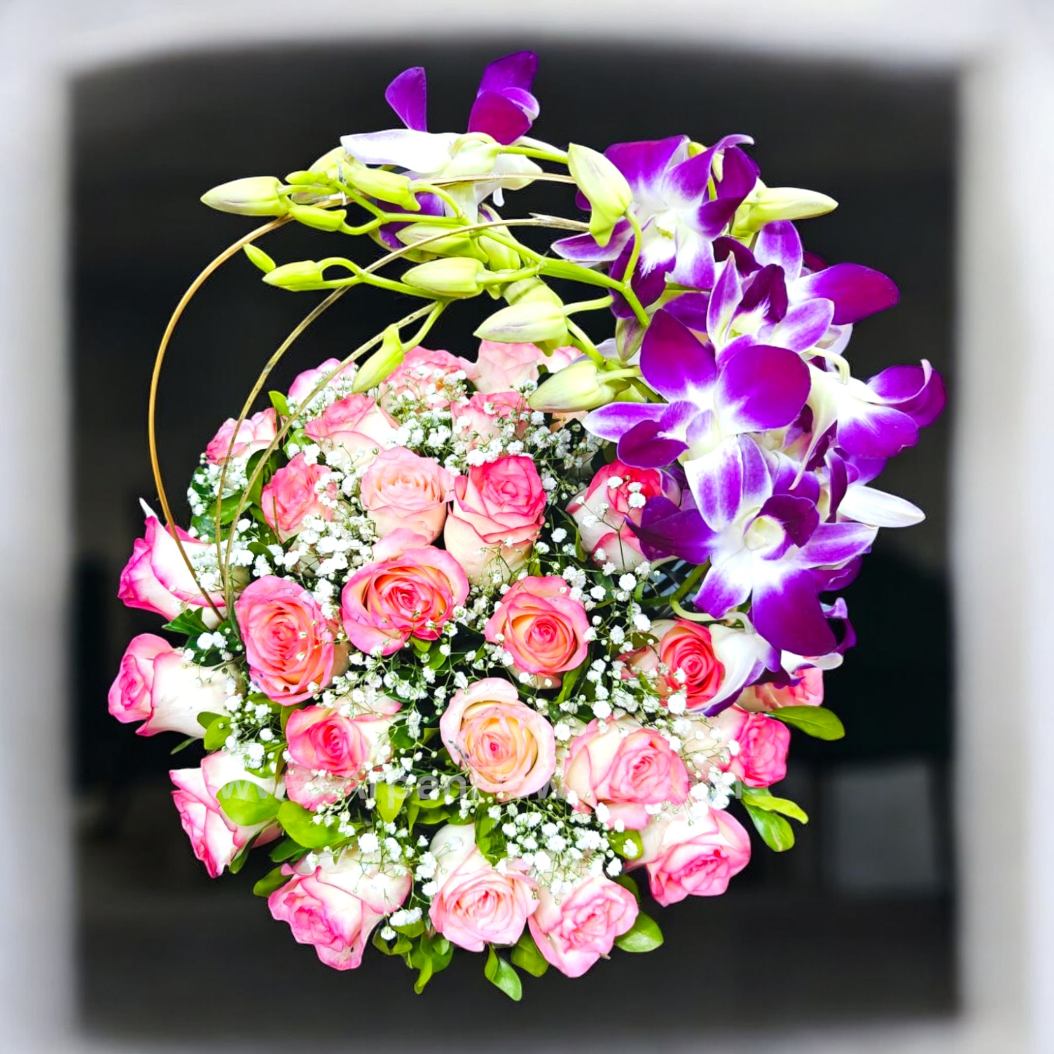 Pink Rose with Purple Orchid in Basket 2 Pink Rose with Purple Orchid in Basket - Image 2
