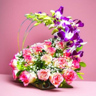 Pink-Rose-with-Purple-Orchid-in-Basket