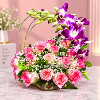 Pink Rose with Purple Orchid in Basket