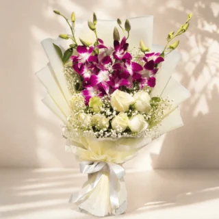 Purple Orchid with White Rose bouquet