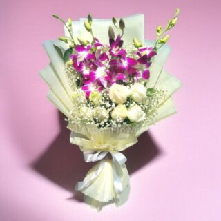 Purple Orchid with White Rose bouquet