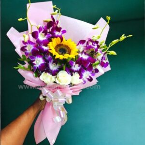 Purple Orchid with Sunflower Bouquet 5 orchid and unflowers bouquet