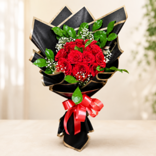 Red Rose in Black paper with Baby's breath