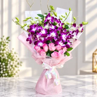 Orchid Bouquet with Pink rose