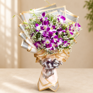 Purple Orchid with Baby’s breath bouquet