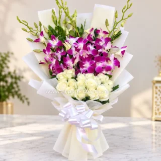 Purple Orchid with White Roses