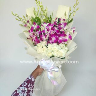 Purple Orchid with White Roses