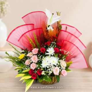Elegant Mixed Flower Basket – Fresh Roses & Lilies