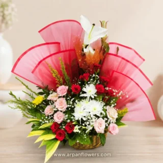 Elegant Mixed Flower Basket – Fresh Roses & Lilies