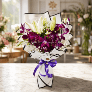 Purple Orchid and White Lily Luxury Bouquet