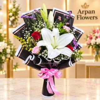 White Lilies With Mix Rose with Baby's Breath