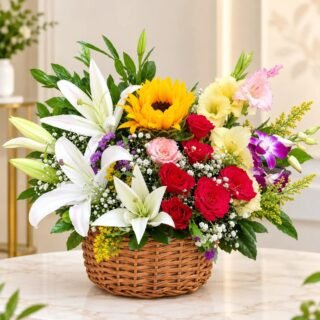 Mix  Basket With White Lilies and Baby's Breath