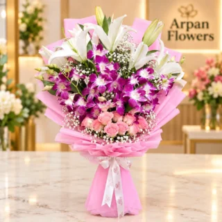Purple Orchit With White Lilies and Pink rose