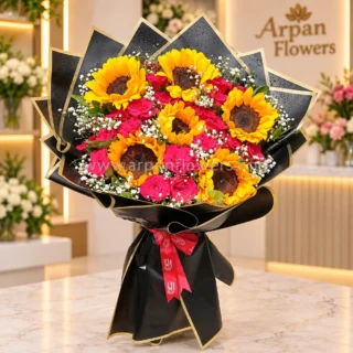 Sunflowers With Red Rose With Black Paper