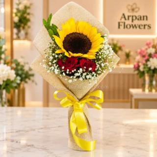 Sunflowers with Red Rose Bouquet