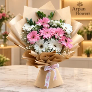 White and Pink Gerbera Bouquet in Brown paper