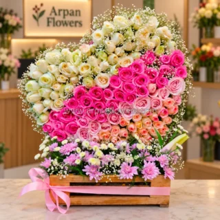 White and Pink Rose in Basket Bouquet
