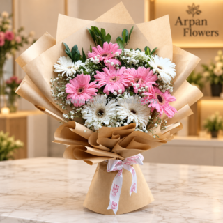 White and Pink Gerbera Bouquet in Brown paper