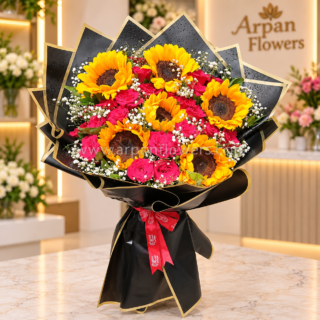 Sunflowers With Red Rose With Black Paper